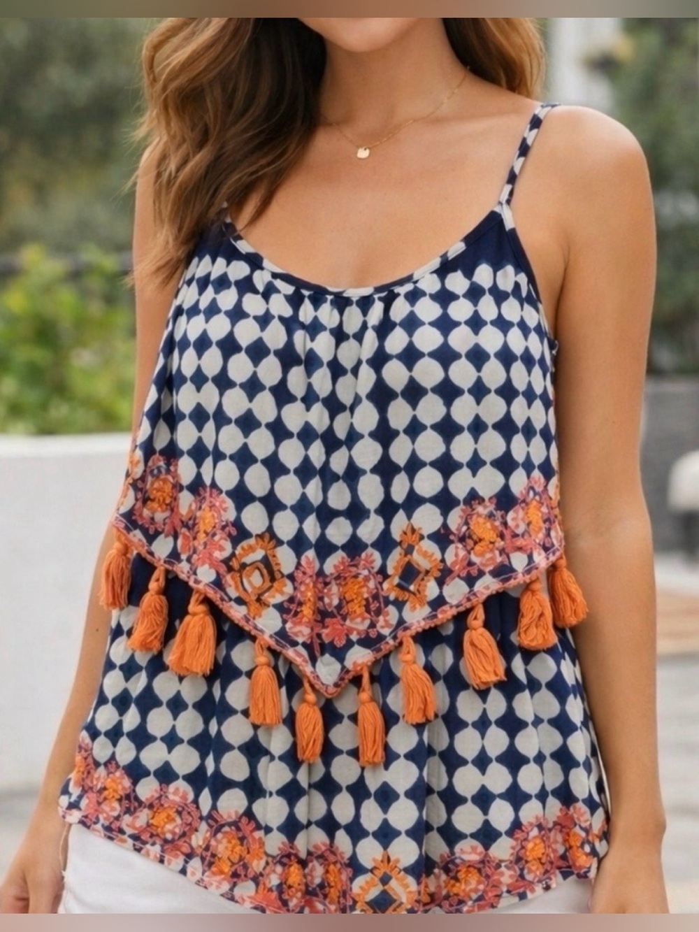 California MoonRise Boho Embroidered Tassel Tank Top L